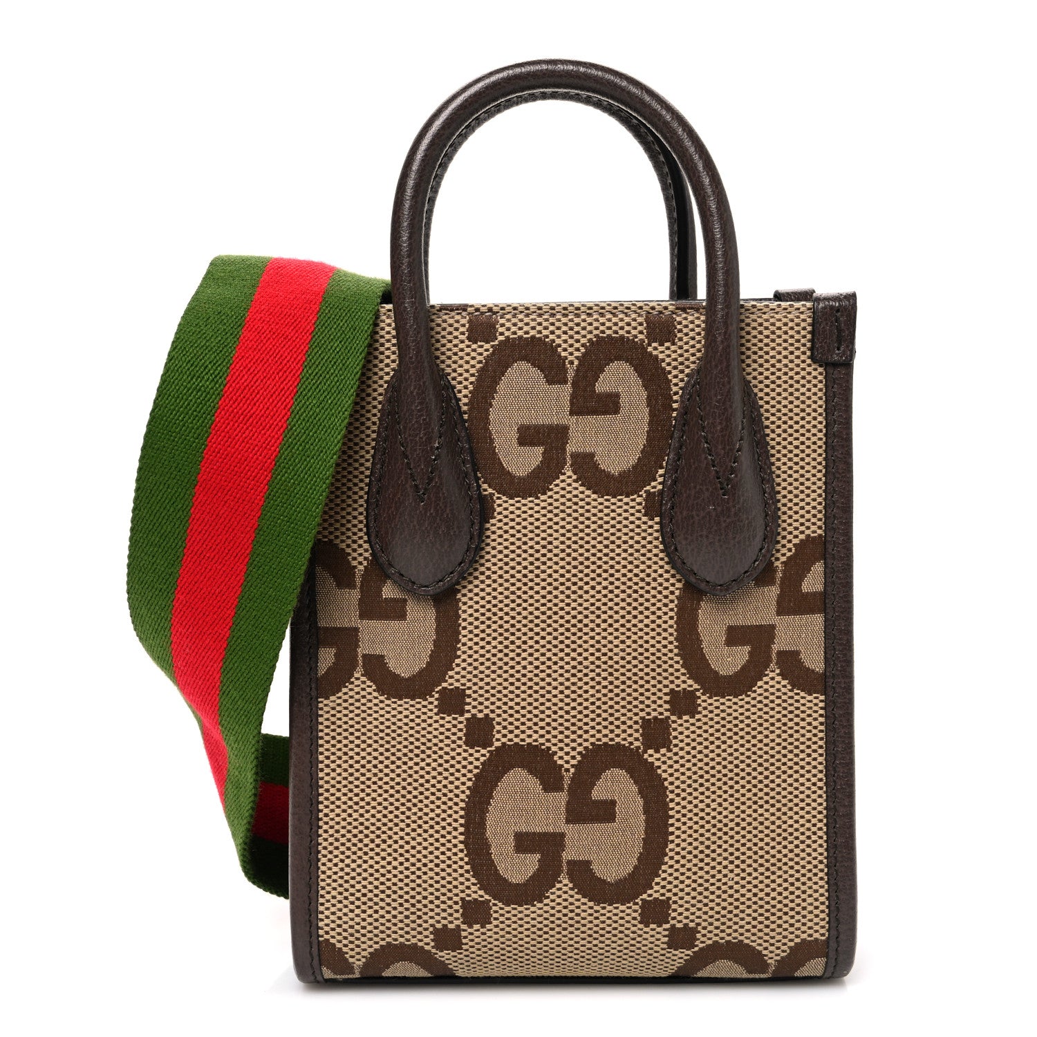 Gucci Monogram Jumbo GG Textured Dollar Calfskin Web Mini Vertical Tote Camel Ebony New Acero 1 of 10