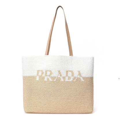 Prada Yarn Raffia Effect Crochet Vitello Logo Shopping Tote Naturale White 1 of 9