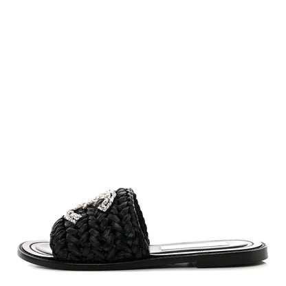 Chanel Raffia Crystal CC Mules Sandals 36 Black 1 of 10