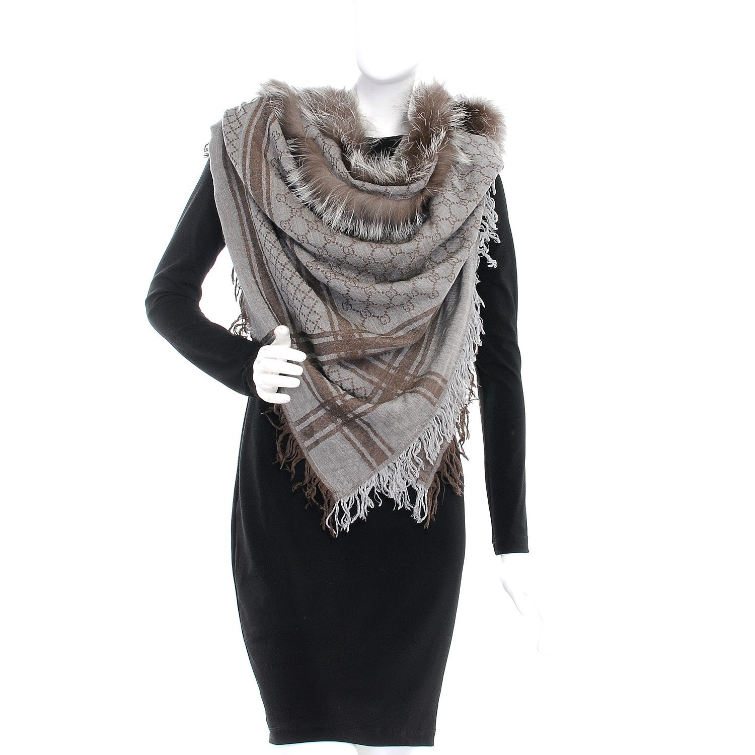 Gucci Wool Silk Fox Fur Monogram Shawl Scarf Brown 2 of 4