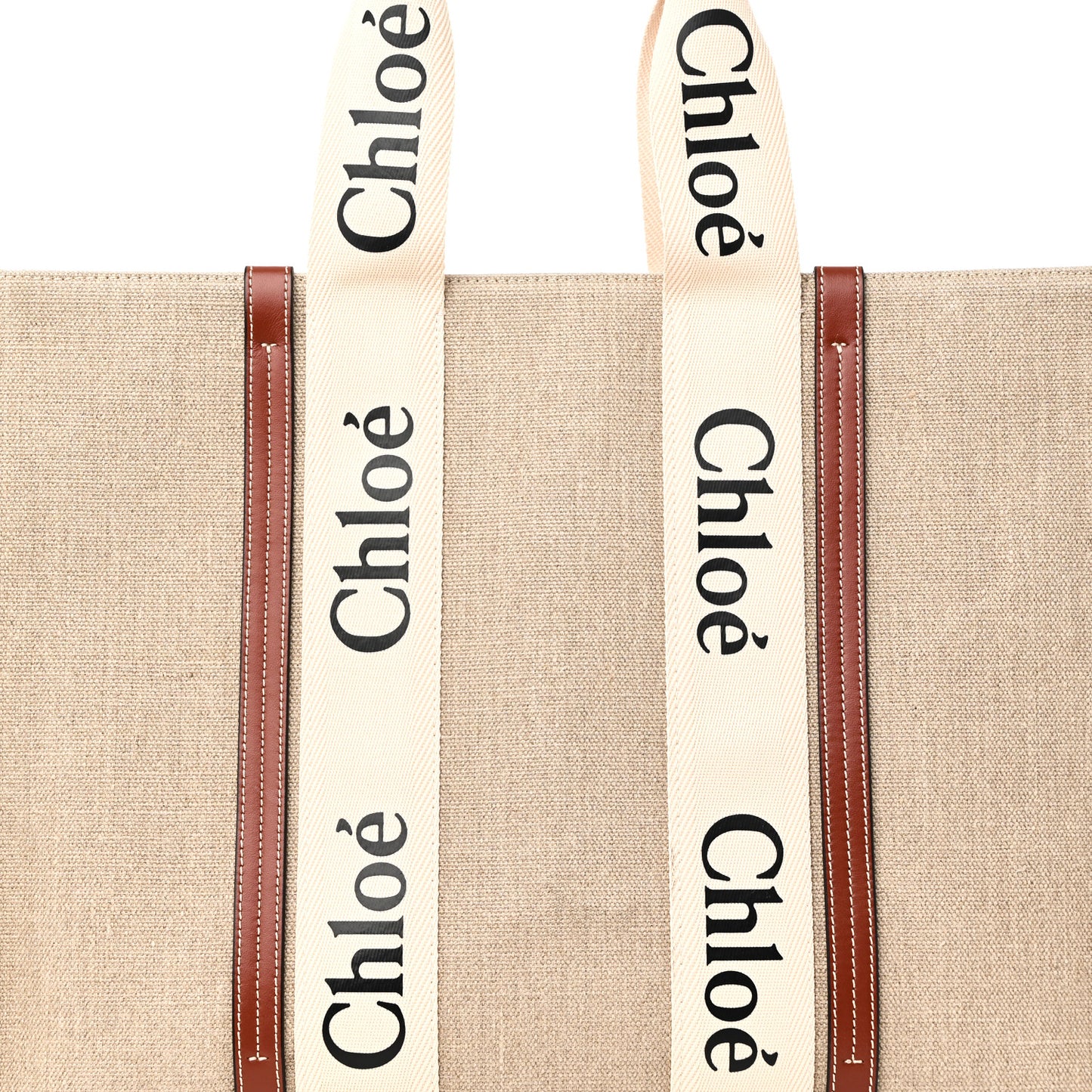 Linen Calfskin Large Woody Ribbon Tote White Brown