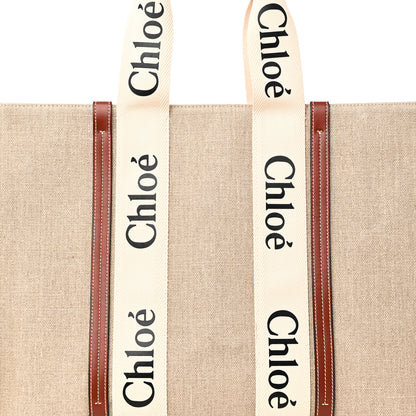 Chloe Linen Calfskin Large Woody Ribbon Tote White Brown 7 of 9