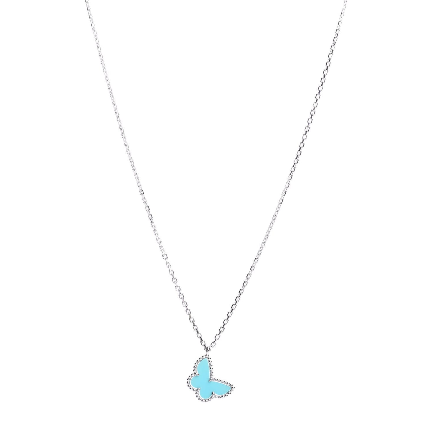 18K White Gold Turquoise Sweet Alhambra Butterfly Pendant Necklace