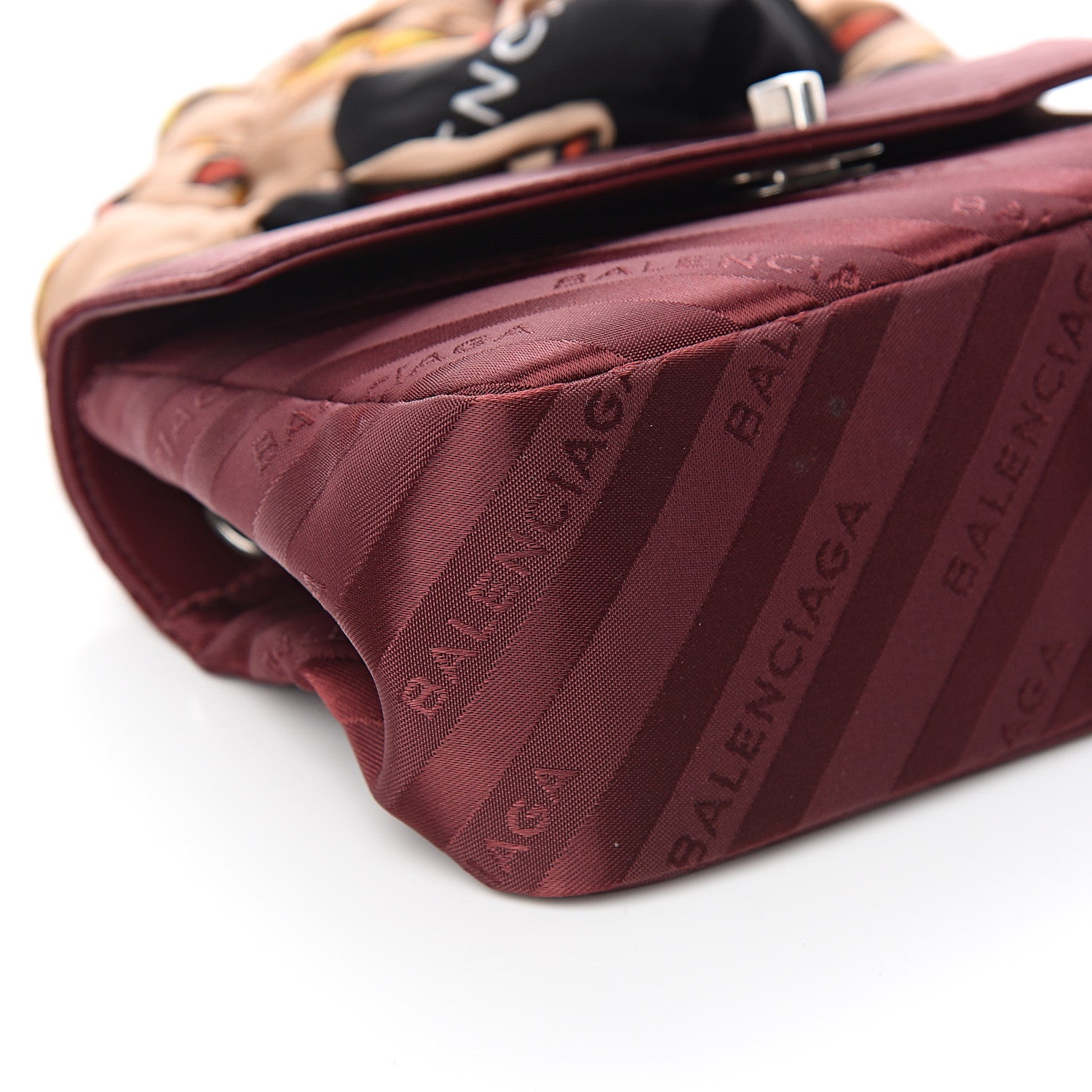Balenciaga Nylon Jacquard Diagonal Logo Small Scarf Lock Chain Shoulder Bag Rouge Bordeaux Black Beige 7 of 10
