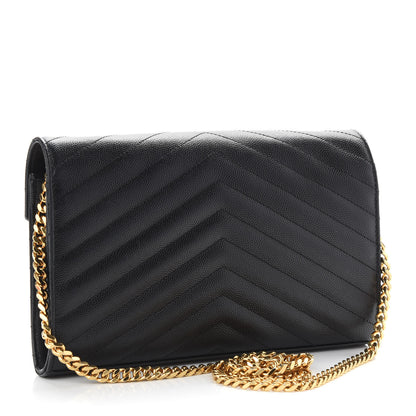 Saint Laurent Grain De Poudre Matelasse Chevron Monogram Chain Wallet Black 3 of 10