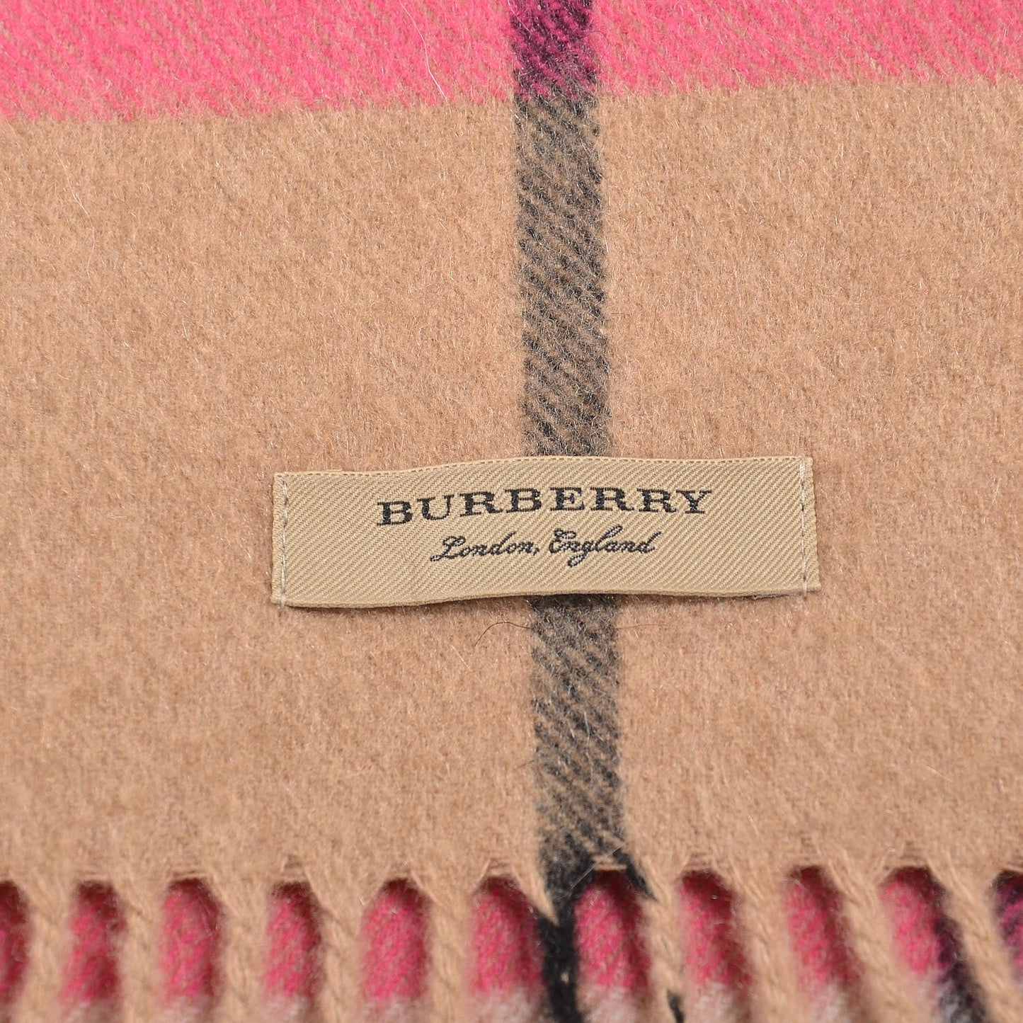 Cashmere Giant Check Fringe Scarf Camel Pink
