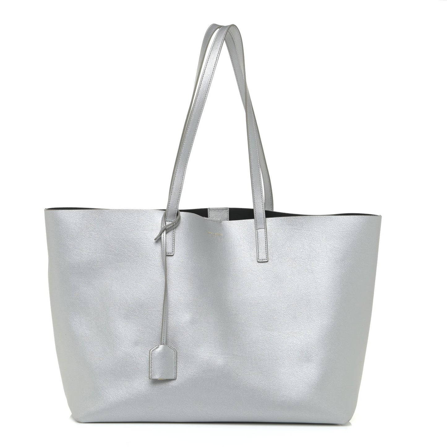 Metallic Calfskin Large Shopping Tote Silver