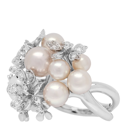 Mikimoto 18K White Gold Diamond Akoya Pearl Bloom Flower Ring 49 5 3 of 7