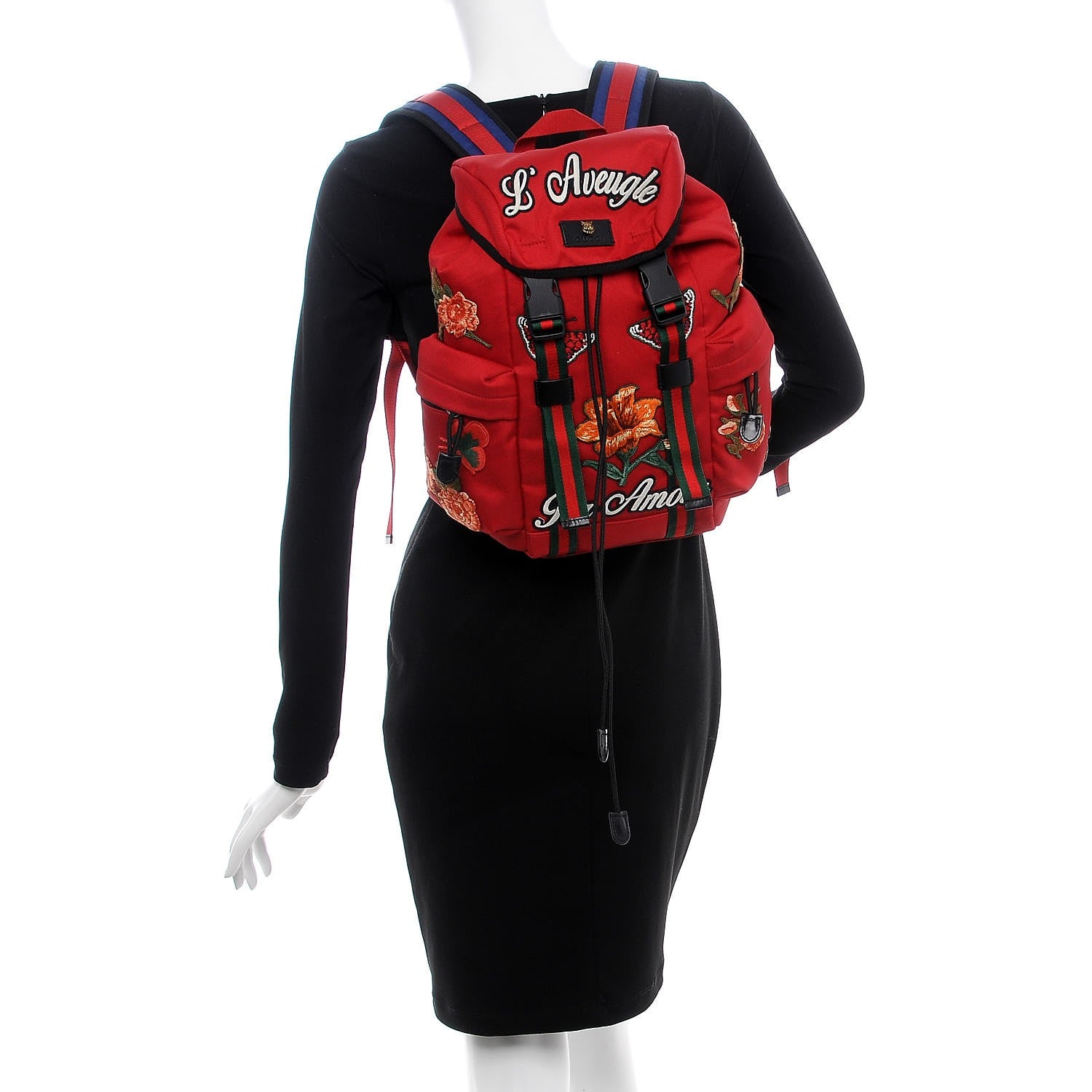 Gucci Techno Canvas L'Aveugle Par Amour Embroidered Double Buckle Backpack Red 2 of 7