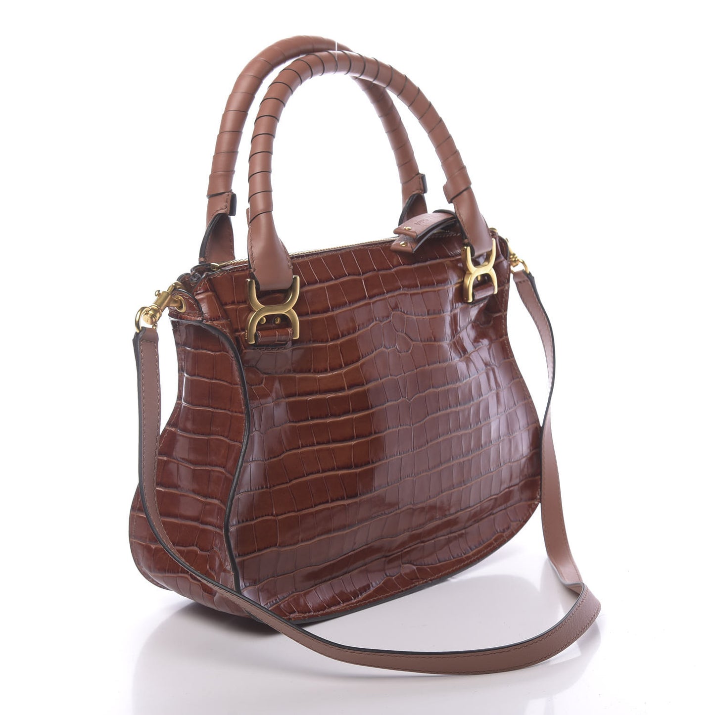 Calfskin Crocodile Embossed Medium Marcie Satchel Mahogany