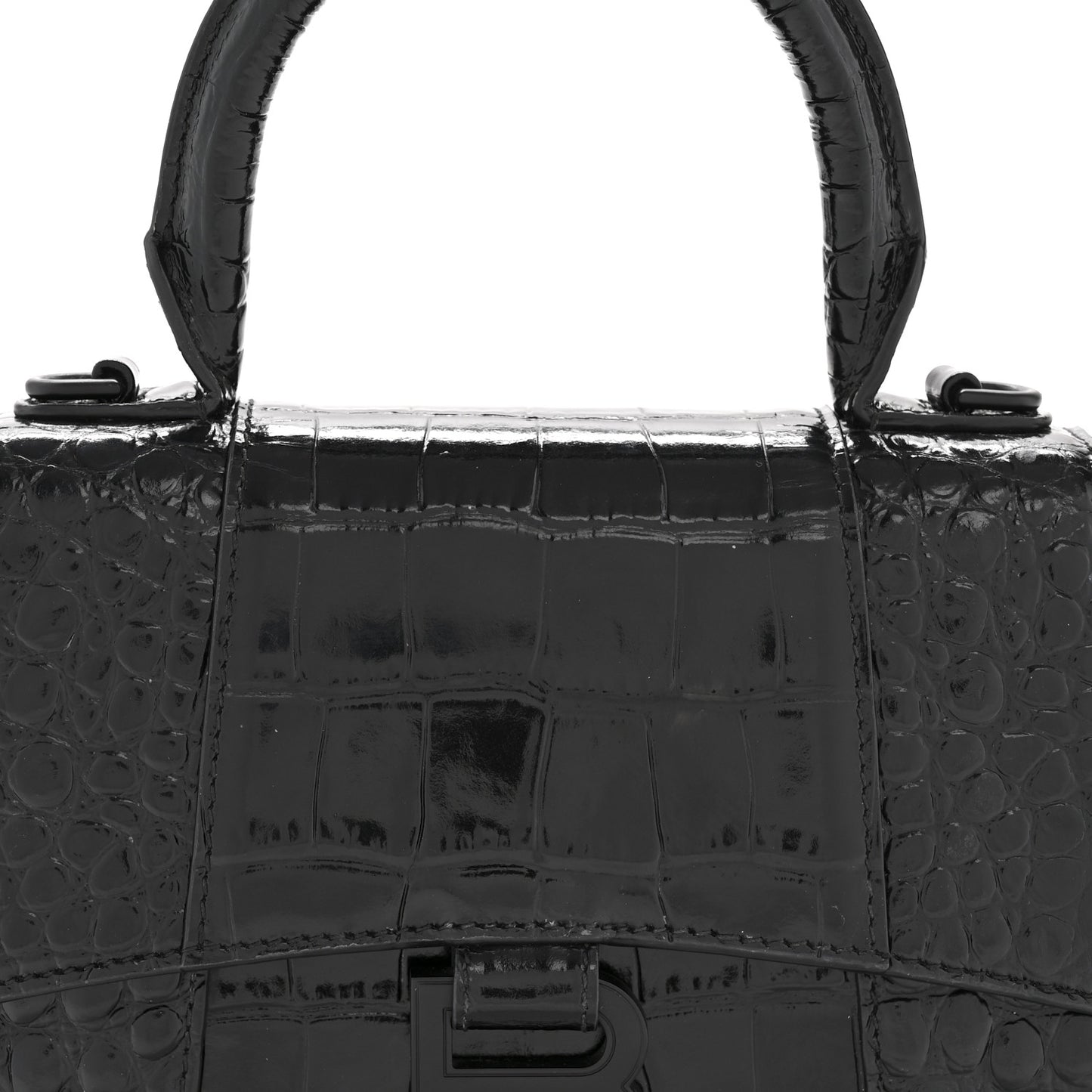 Shiny Calfskin Monochrome Crocodile Embossed Hourglass Top Handle Bag XS Black