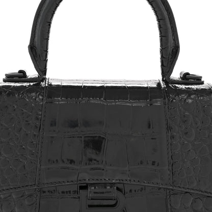 Balenciaga Shiny Calfskin Monochrome Crocodile Embossed Hourglass Top Handle Bag XS Black 8 of 15