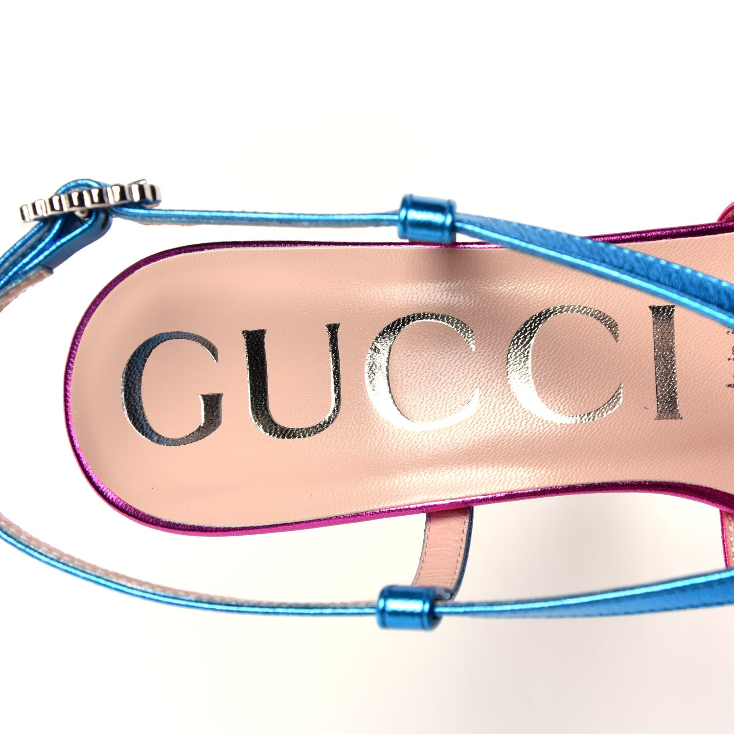 Gucci Metallic Nappa Crystal Zephyra Slingback Platform High Heel Sandals 36.5 Fuchsia Dark Turquoise 8 of 13
