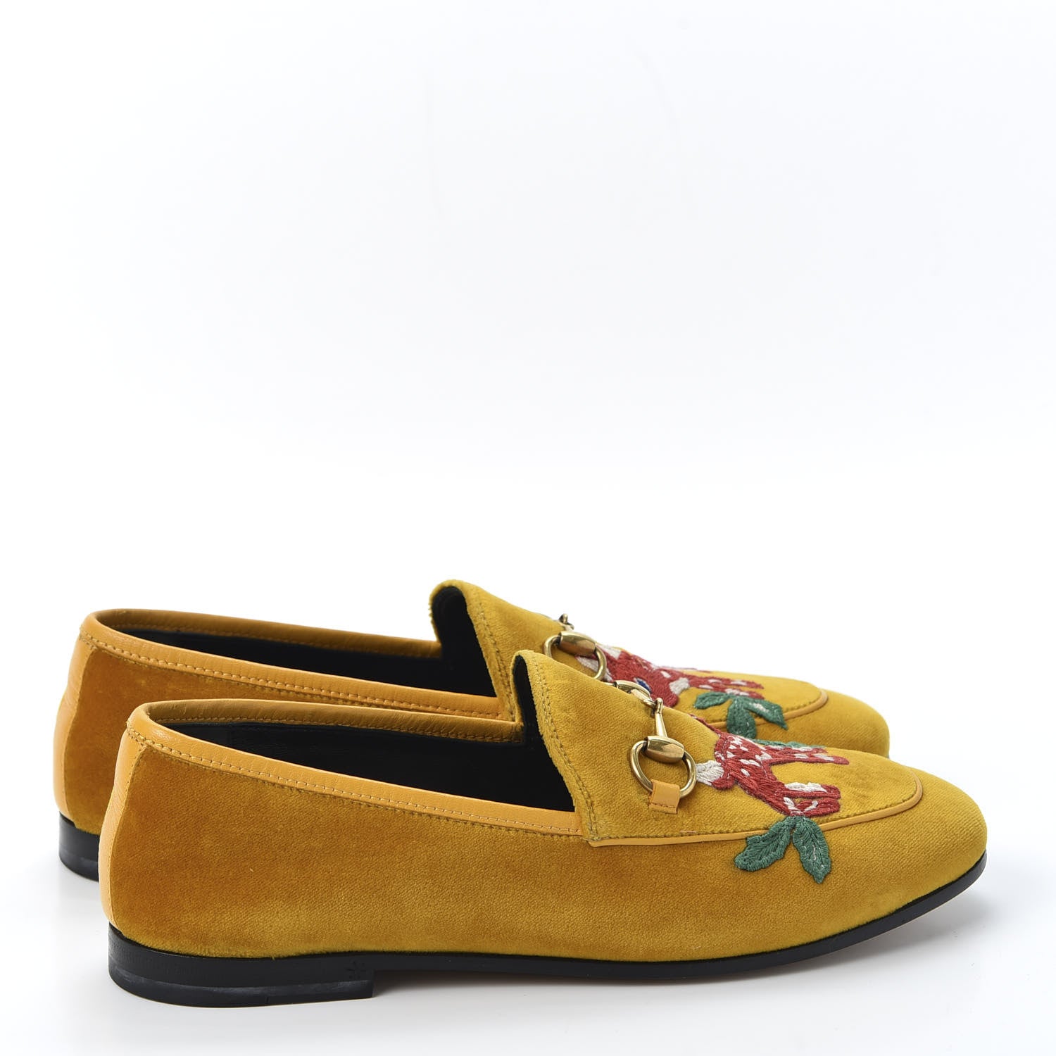 Gucci Softy Velvet Malaga Kid Deer Embroidered Jordaan Loafers 36 Senape Crop 4 of 11