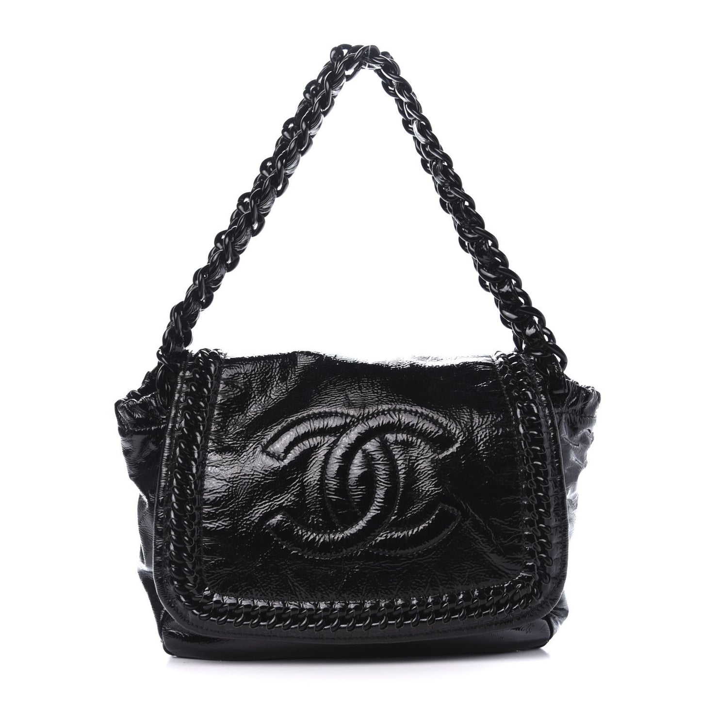 Crinkled Patent Modern Chain Flap Black