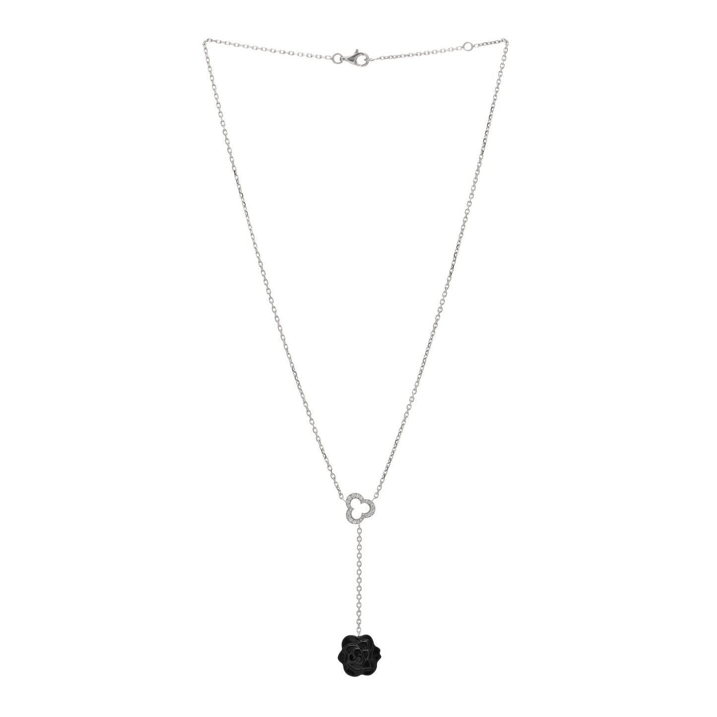 18K White Gold Diamond Black Onyx Camelia Sculpte Drop Pendant Necklace