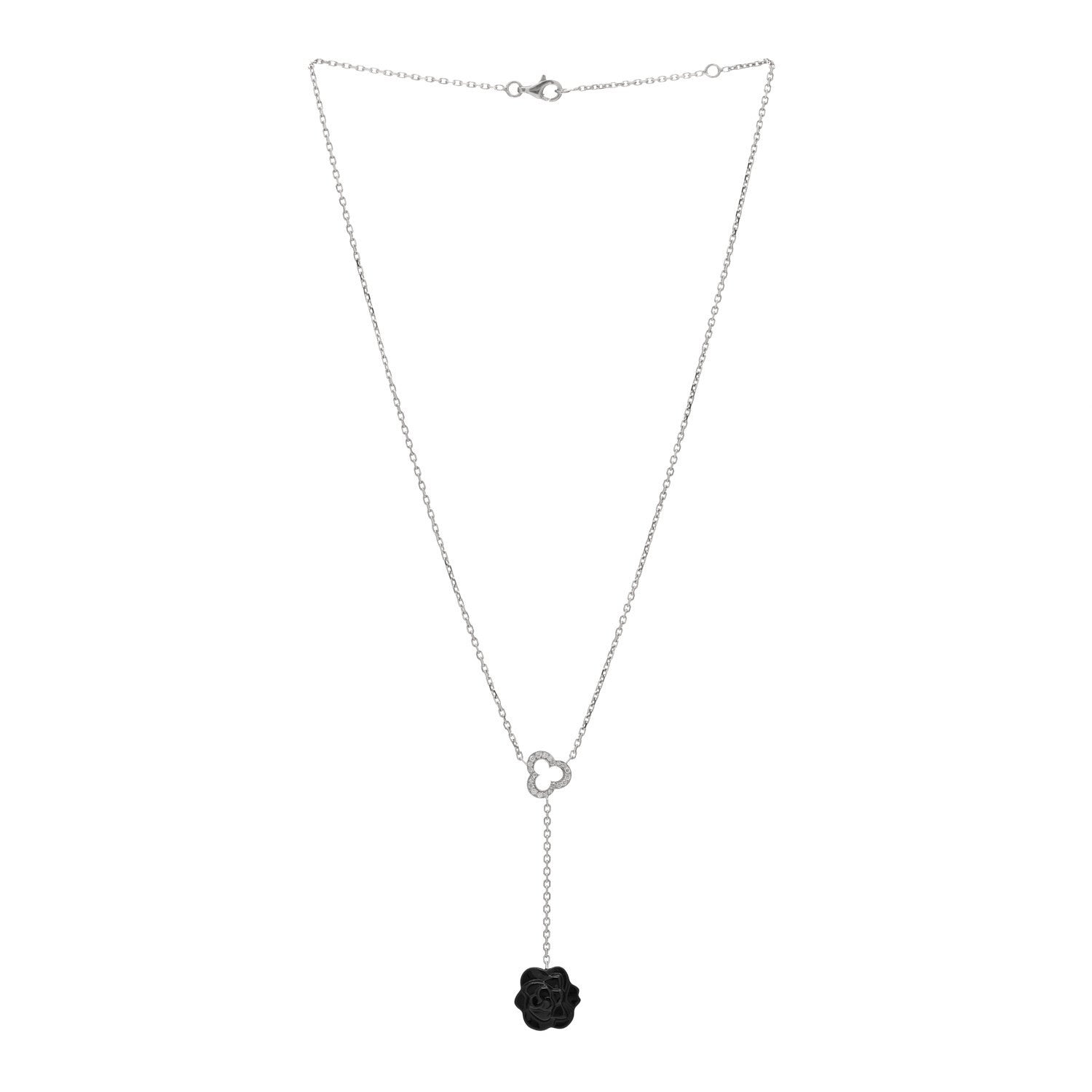 Chanel 18K White Gold Diamond Black Onyx Camelia Sculpte Drop Pendant Necklace 3 of 5