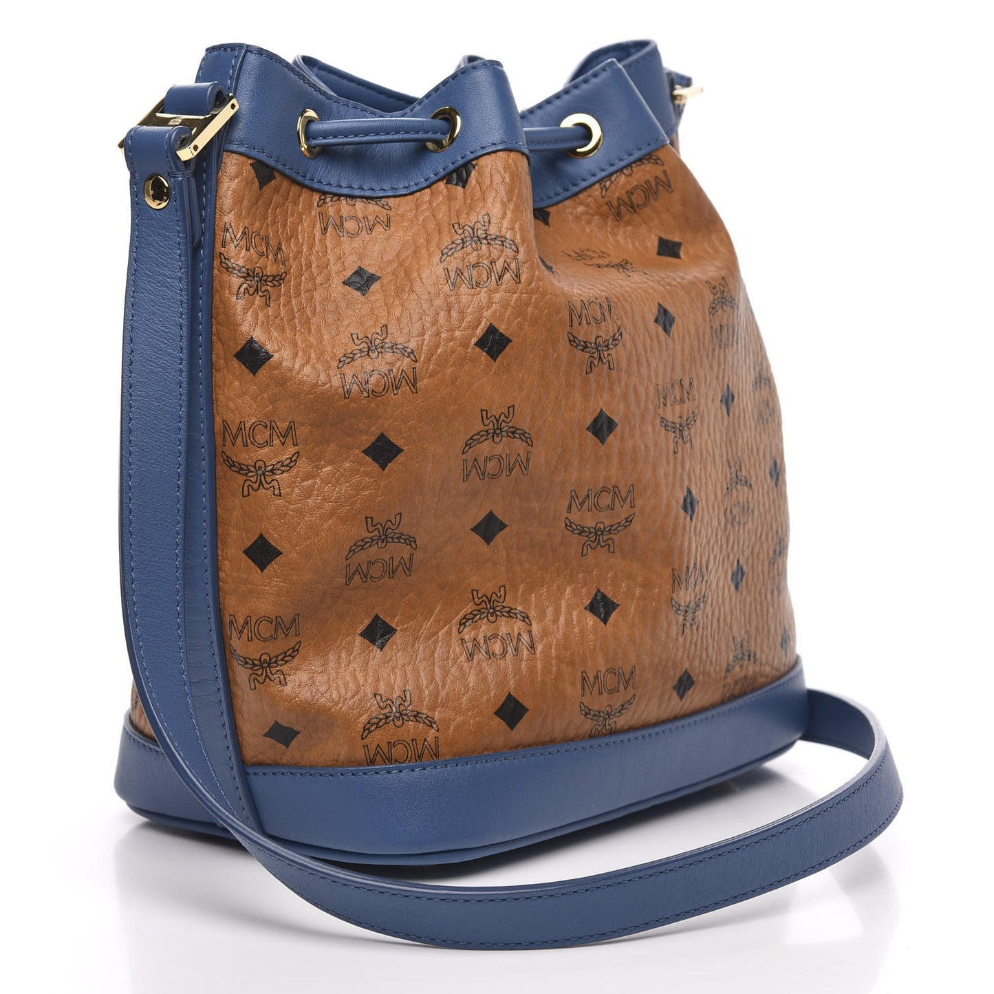 Visetos Small Heritage Drawstring Bucket Bag Cognac Blue