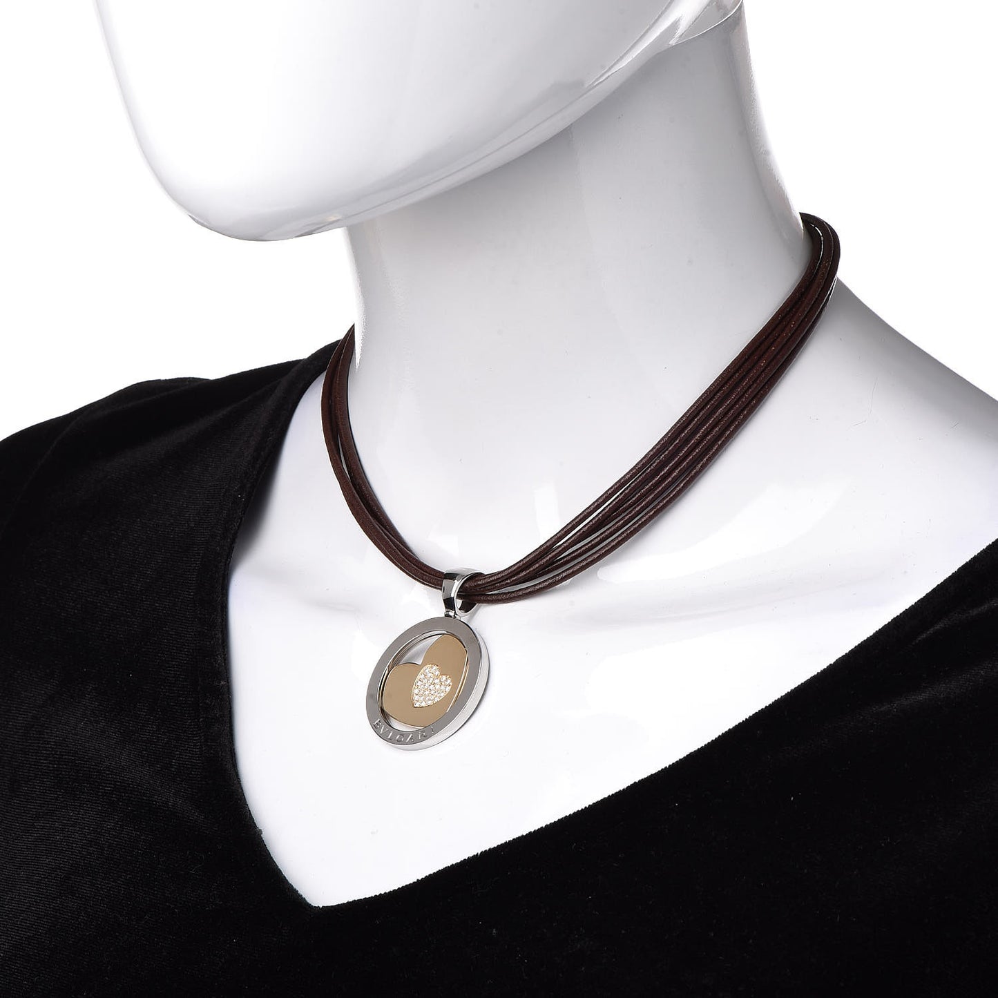 Stainless Steel 18K Yellow Gold Diamond Tondo Heart Pendant Necklace