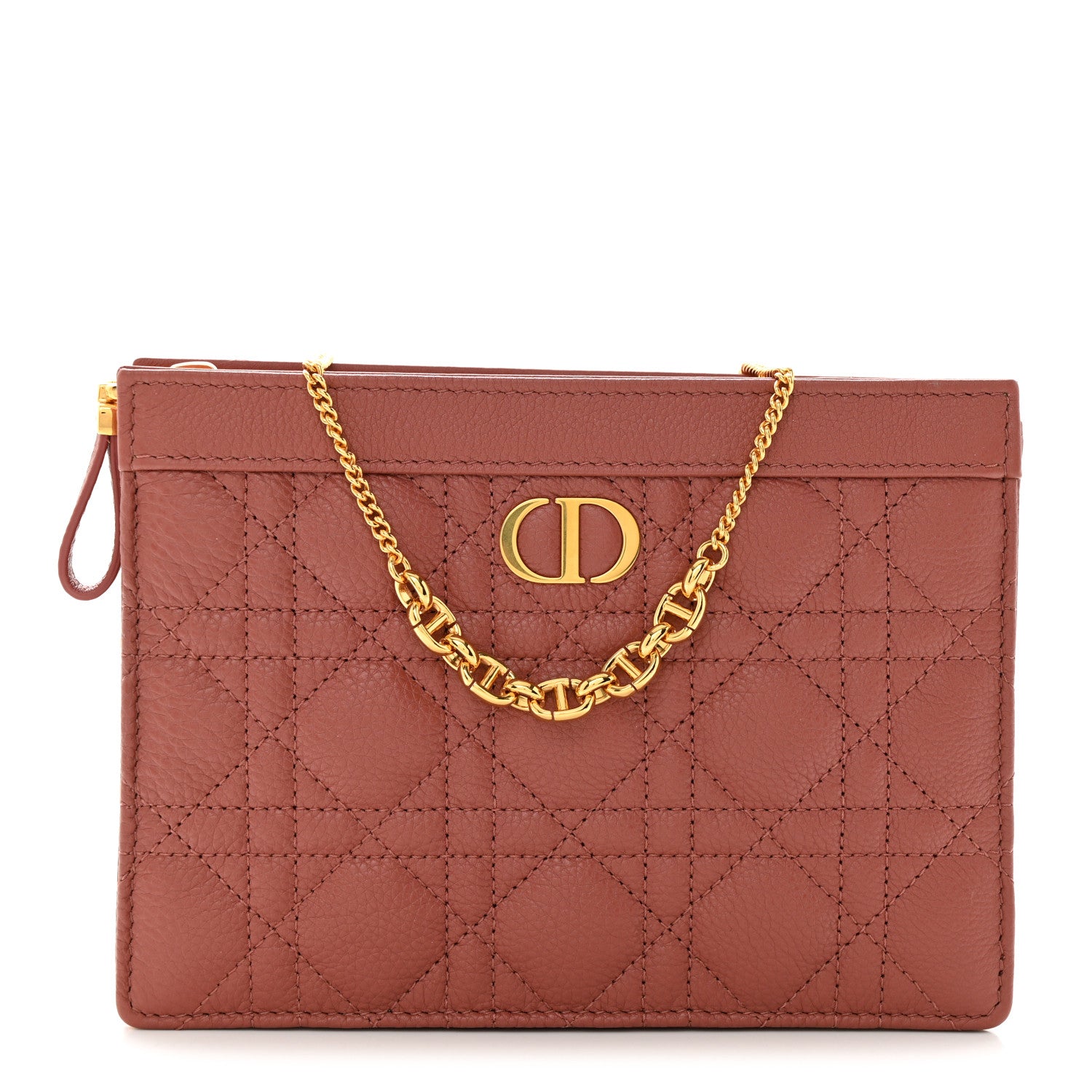 Christian Dior Calfskin Cannage Caro Zipped Pouch With Chain Rust 1 of 10