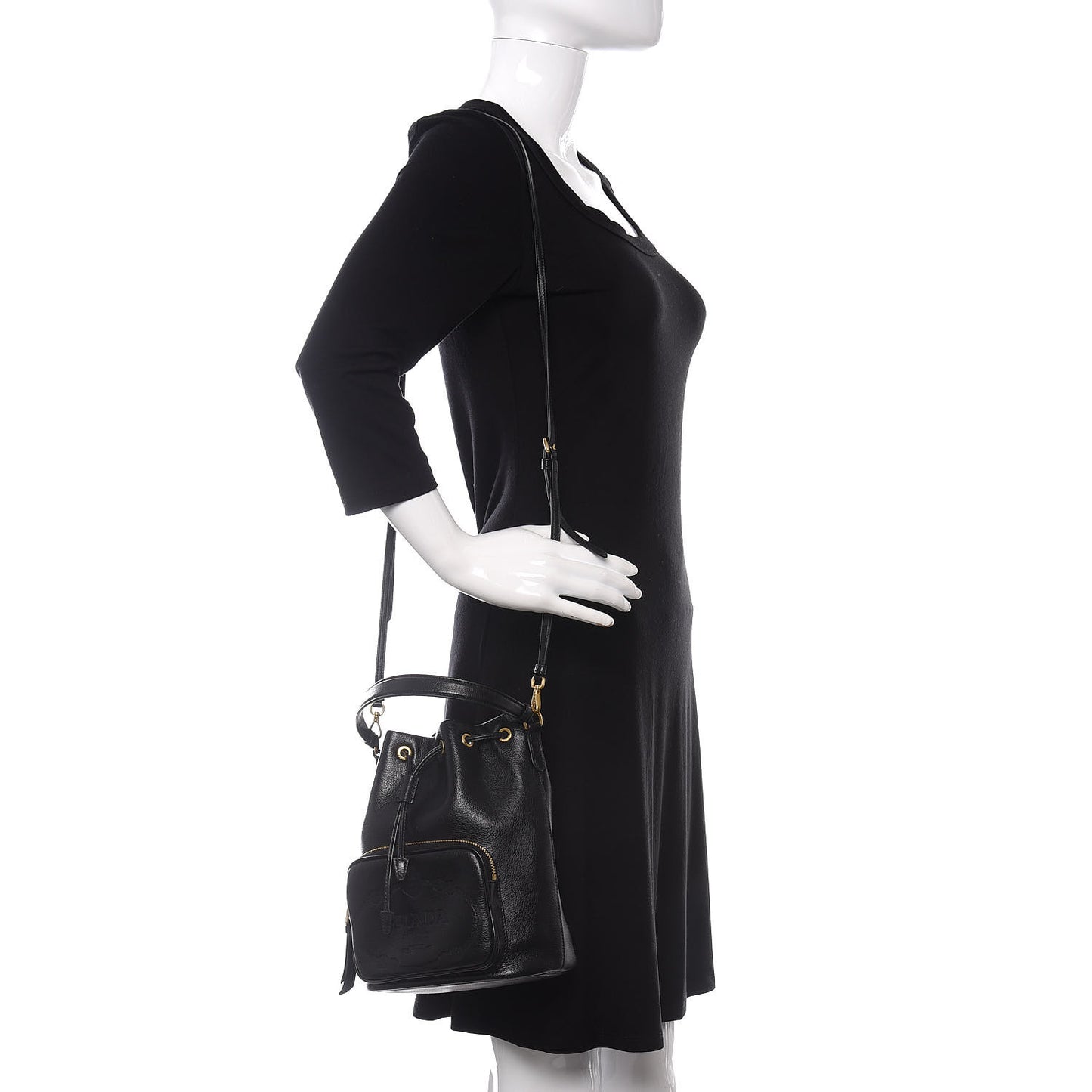 Glace Calfskin Embossed Secchiello Bucket Bag Black