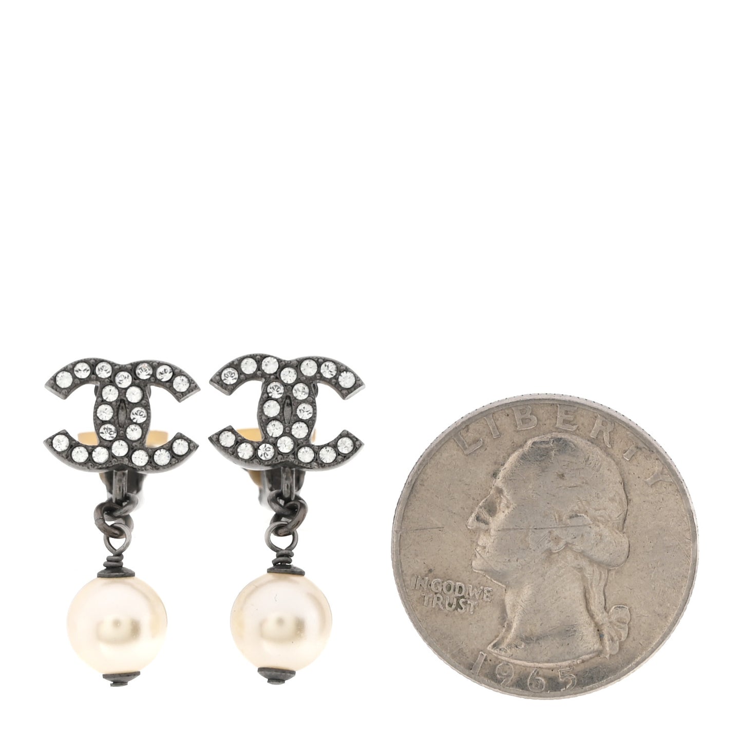 Pearl Crystal CC Drop Clip On Earrings Silver