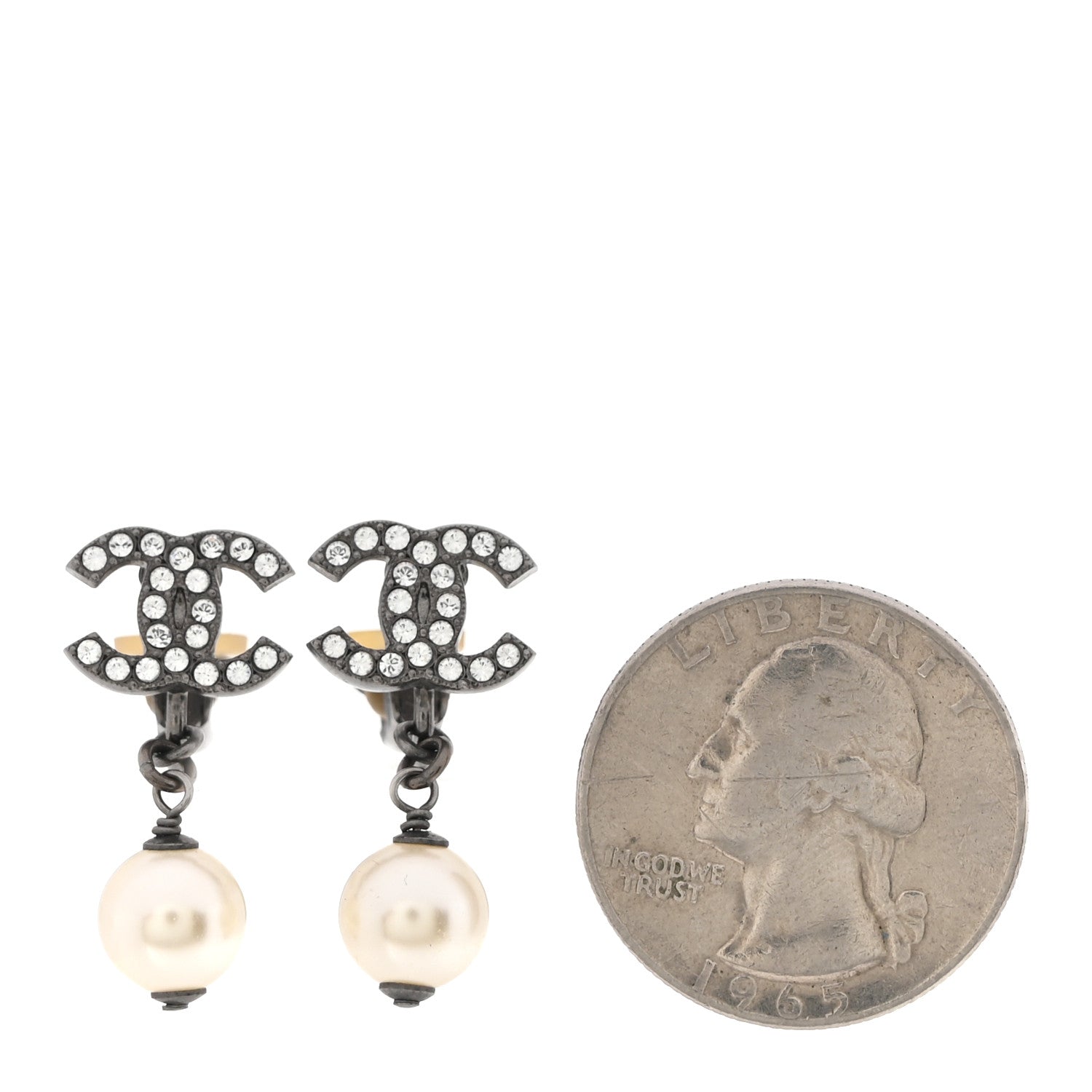 Chanel Pearl Crystal CC Drop Clip On Earrings Silver 2 of 5