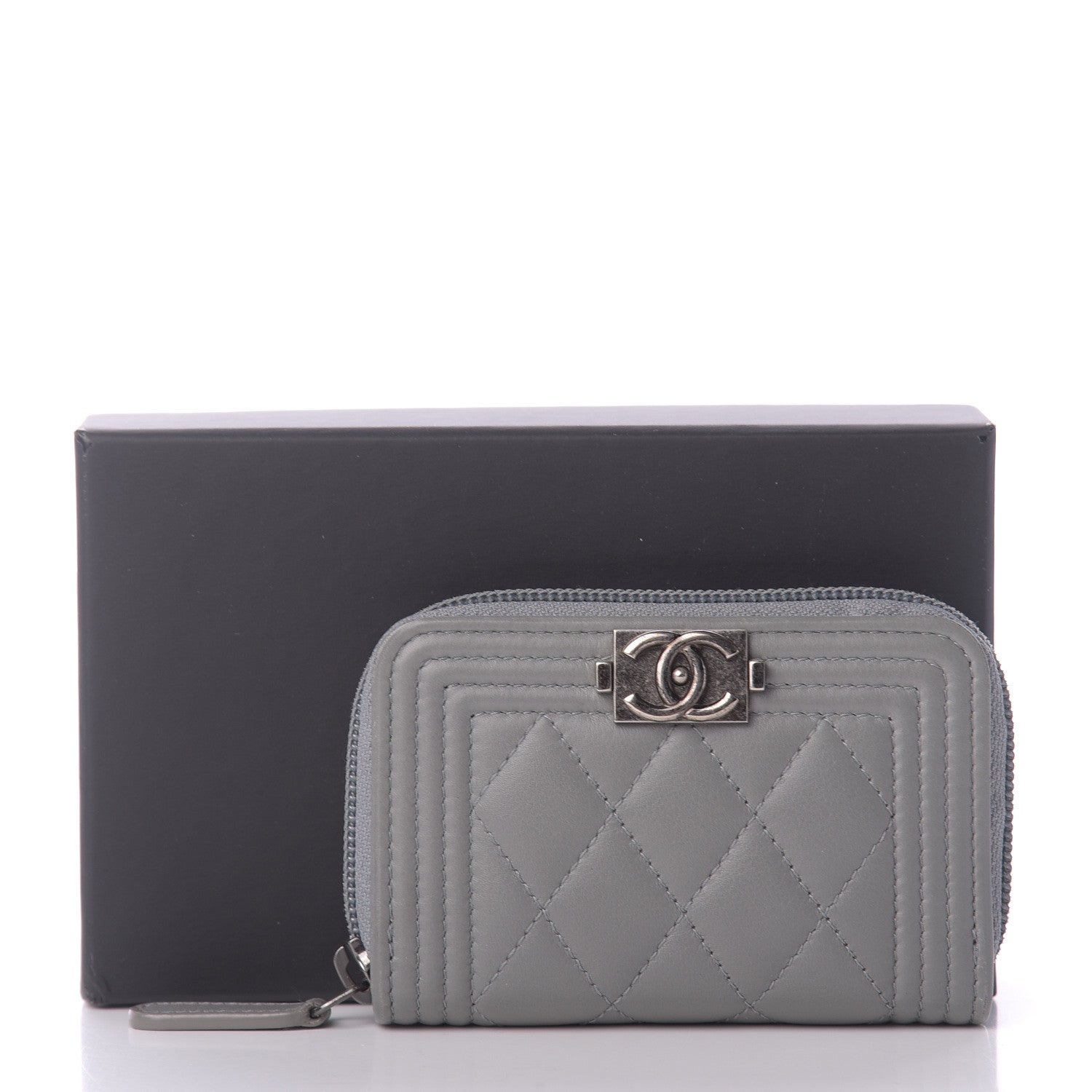 Chanel Lambskin Quilted Boy Zip Around Coin Purse Wallet Grey 10 of 10
