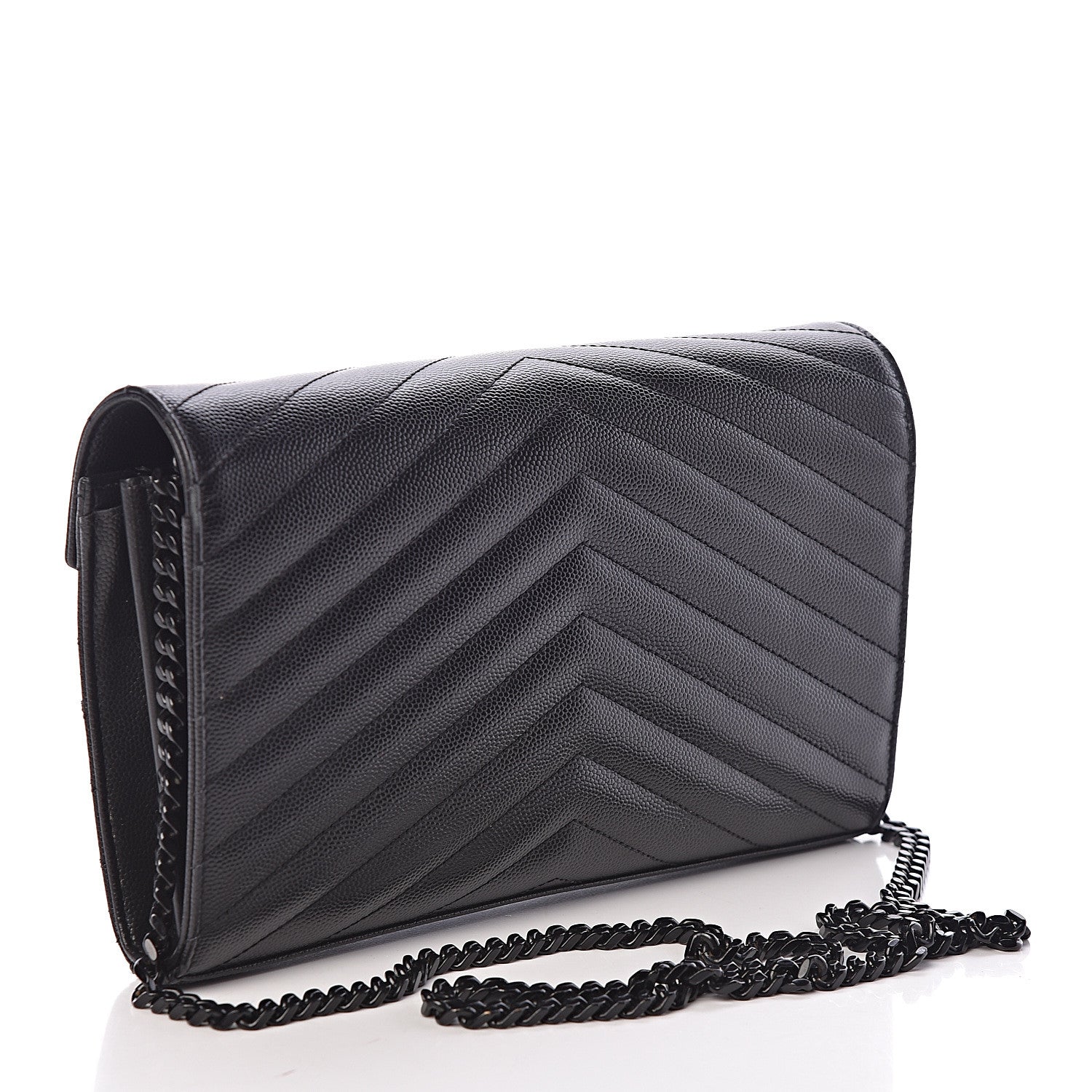Saint Laurent Grain De Poudre Matelasse Chevron Monogram Chain Wallet Black 3 of 9