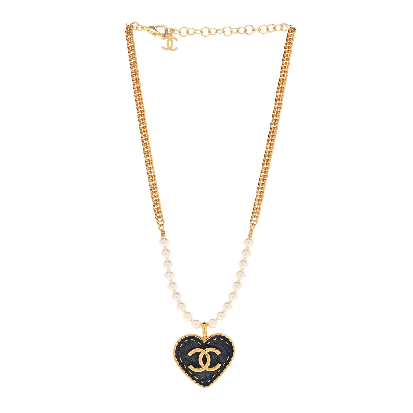 Metal Denim CC Heart Choker Gold Blue Pearly White