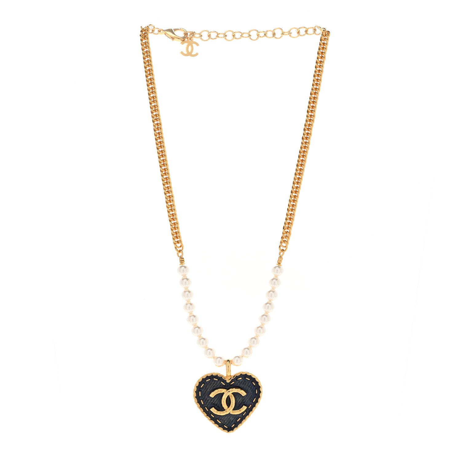 Chanel Metal Denim CC Heart Choker Gold Blue Pearly White 3 of 5