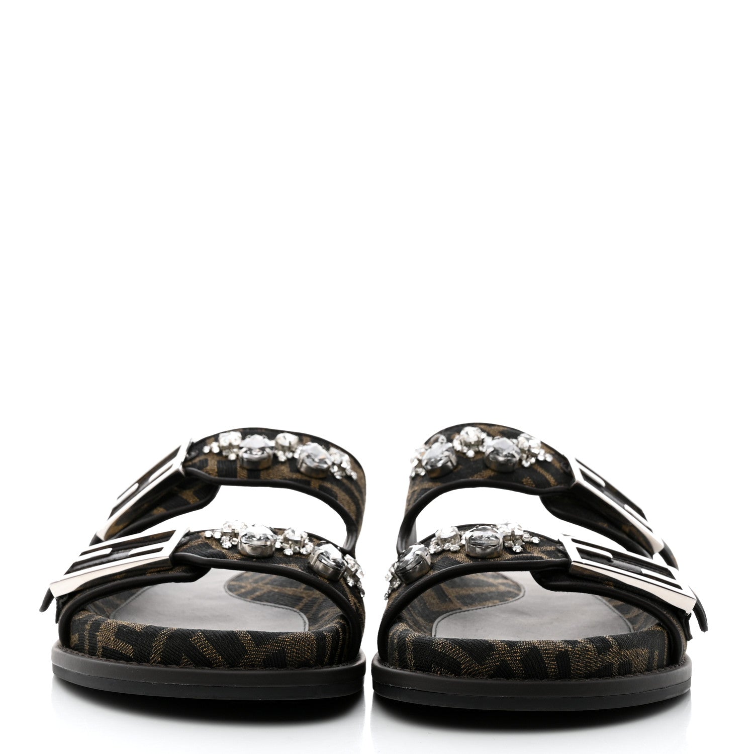 Fendi Fabric Jacquard Crystal FF Womens Fendi Feel Buckled Slide Sandals 38 Tobacco Black 2 of 9