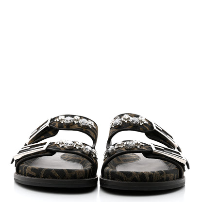 Fendi Fabric Jacquard Crystal FF Womens Fendi Feel Buckled Slide Sandals 38 Tobacco Black 2 of 9