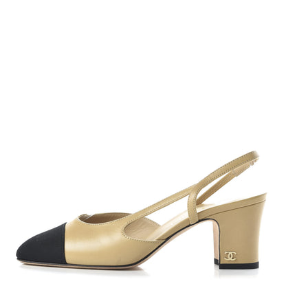 Chanel Goatskin Grosgrain Cap Toe CC Slingback Pumps 36 Beige Black 1 of 9