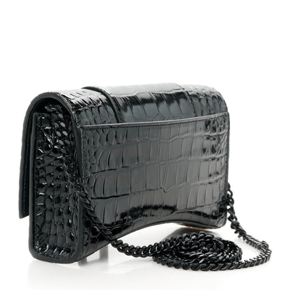 Balenciaga Shiny Calfskin Monochrome Crocodile Embossed Hourglass Chain Bag Black 3 of 11