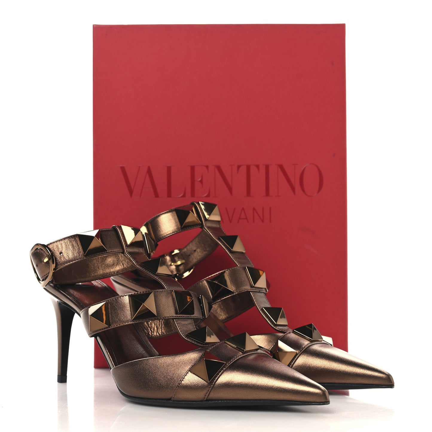 Metallic Calfskin Roman Stud Ankle Strap 80mm Pumps 39 Bronze
