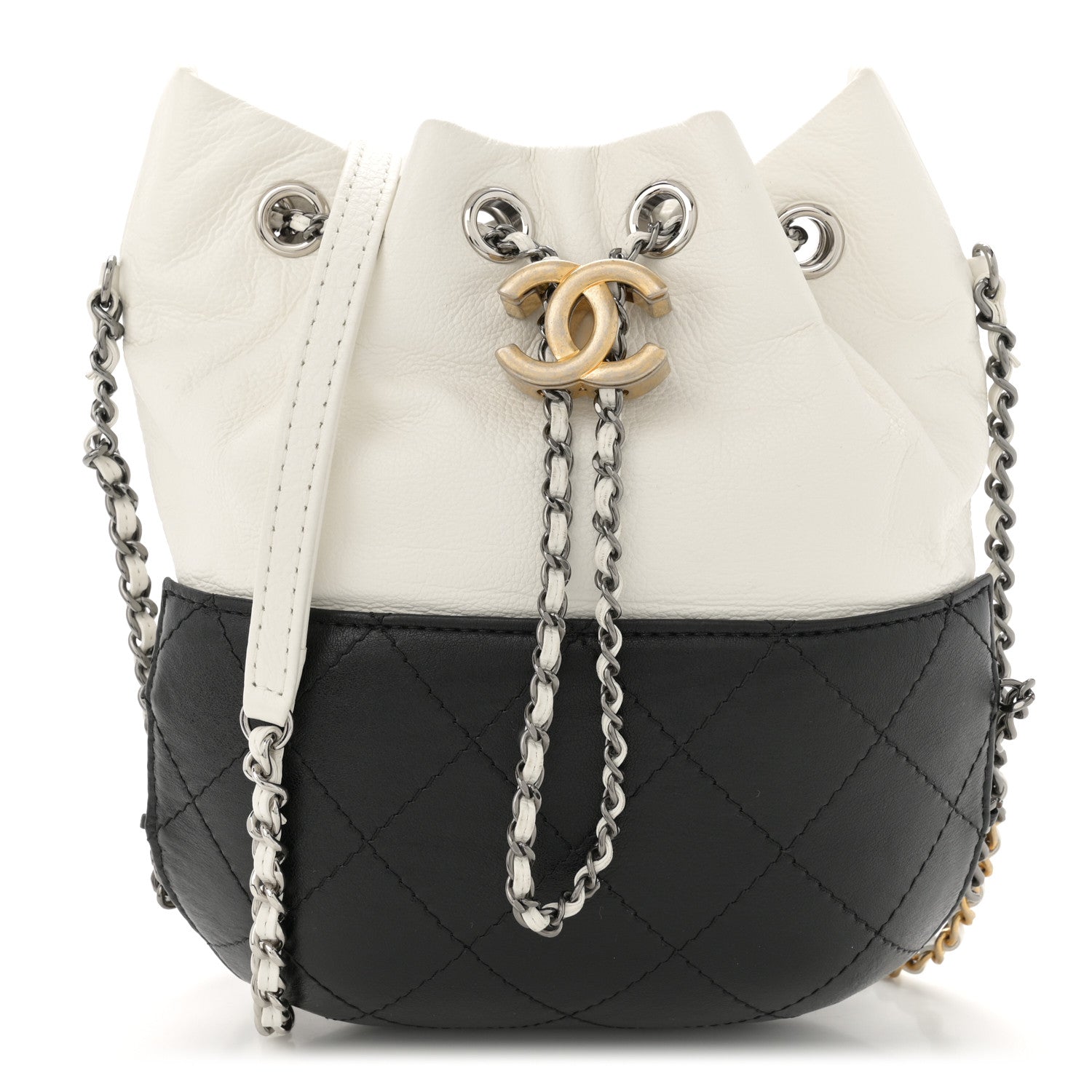 Chanel Aged Calfskin Quilted Small Gabrielle Bucket White Black 1 of 10