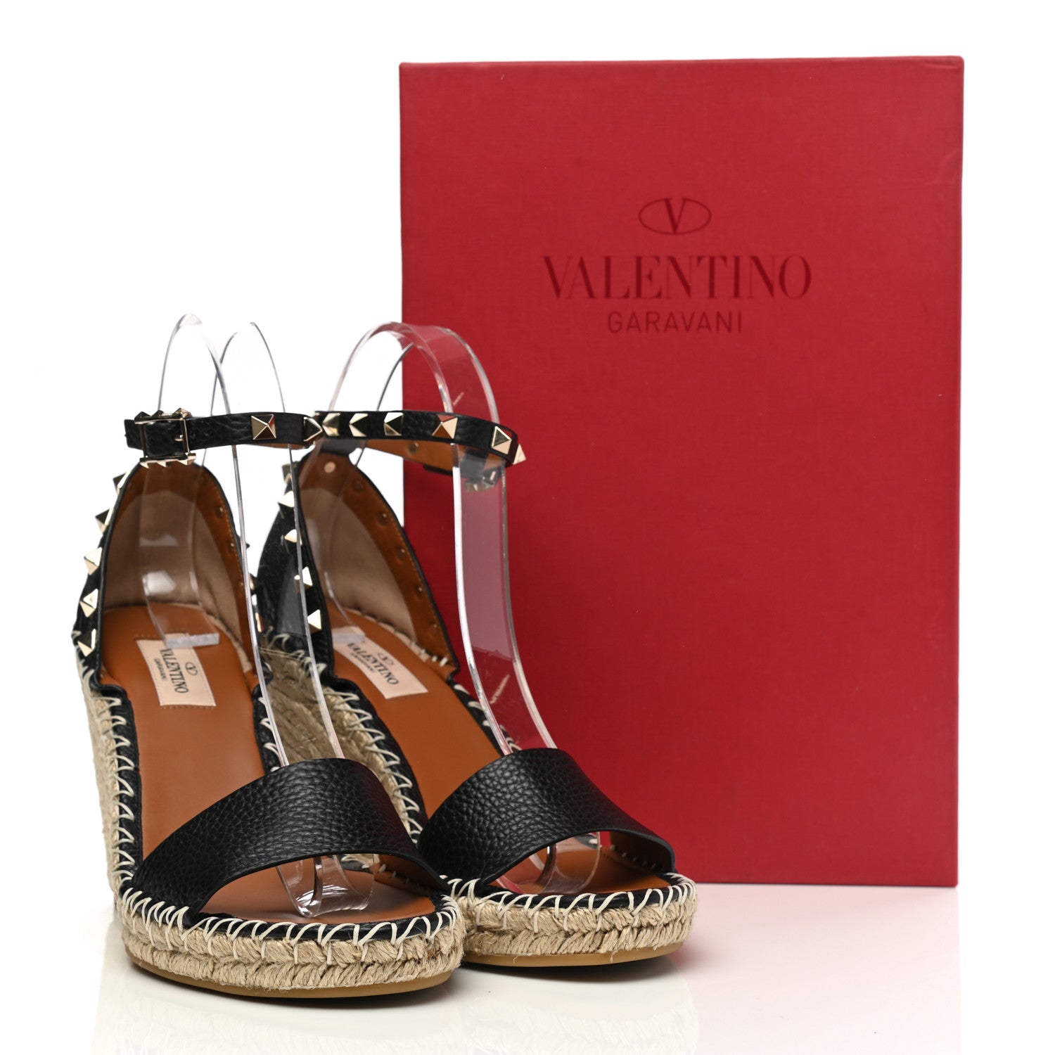 Valentino Garavani Grained Calfskin Rockstud Ankle Strap Espadrille 15/105mm Wedge Sandals 39 Black Light Cuir Natural 9 of 9