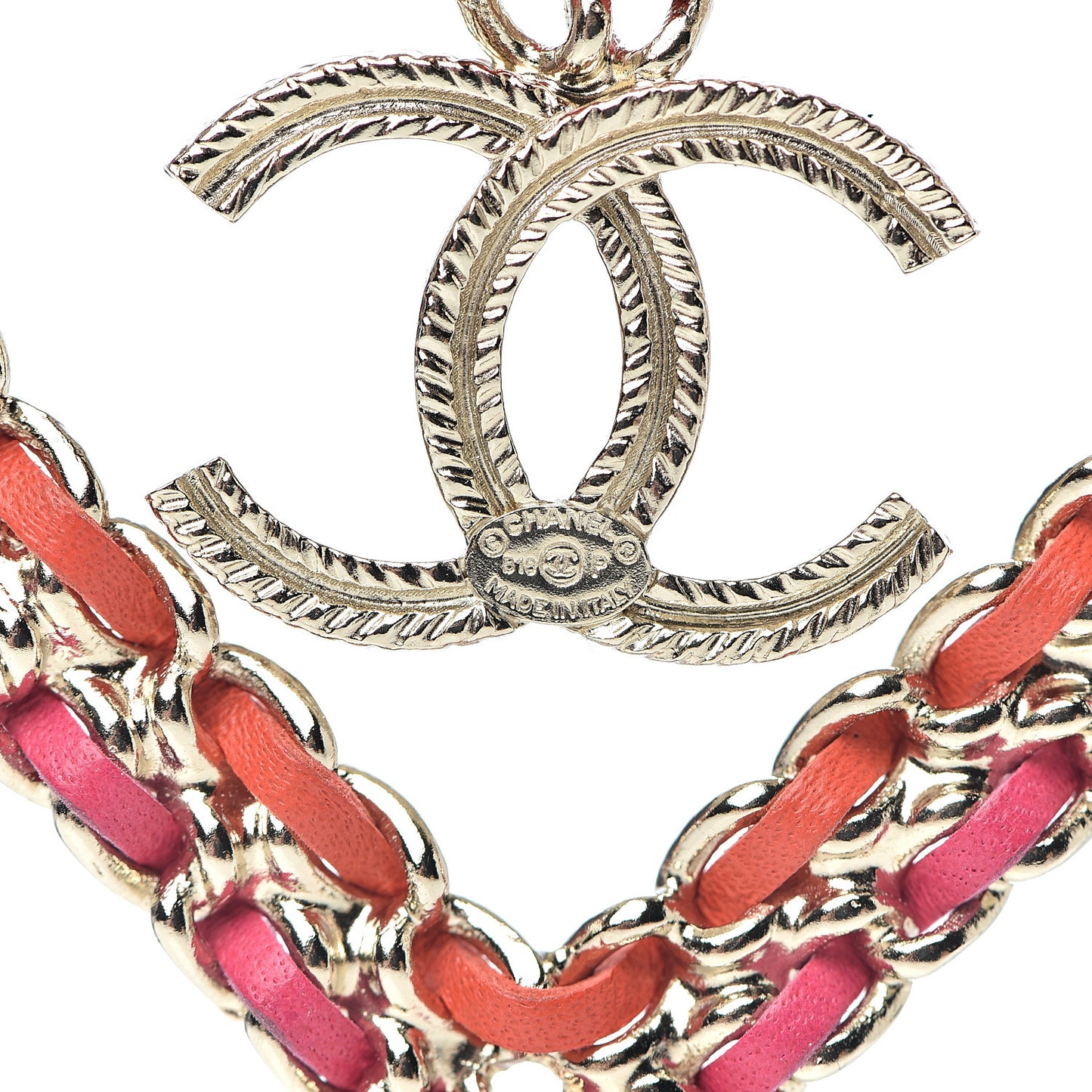 Metal Calfskin Braided Heart CC Brooch Pink Red Gold