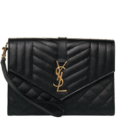 Saint Laurent Grain De Poudre Textured Mixed Matelasse Triquilt Monogram Clutch Black 1 of 7