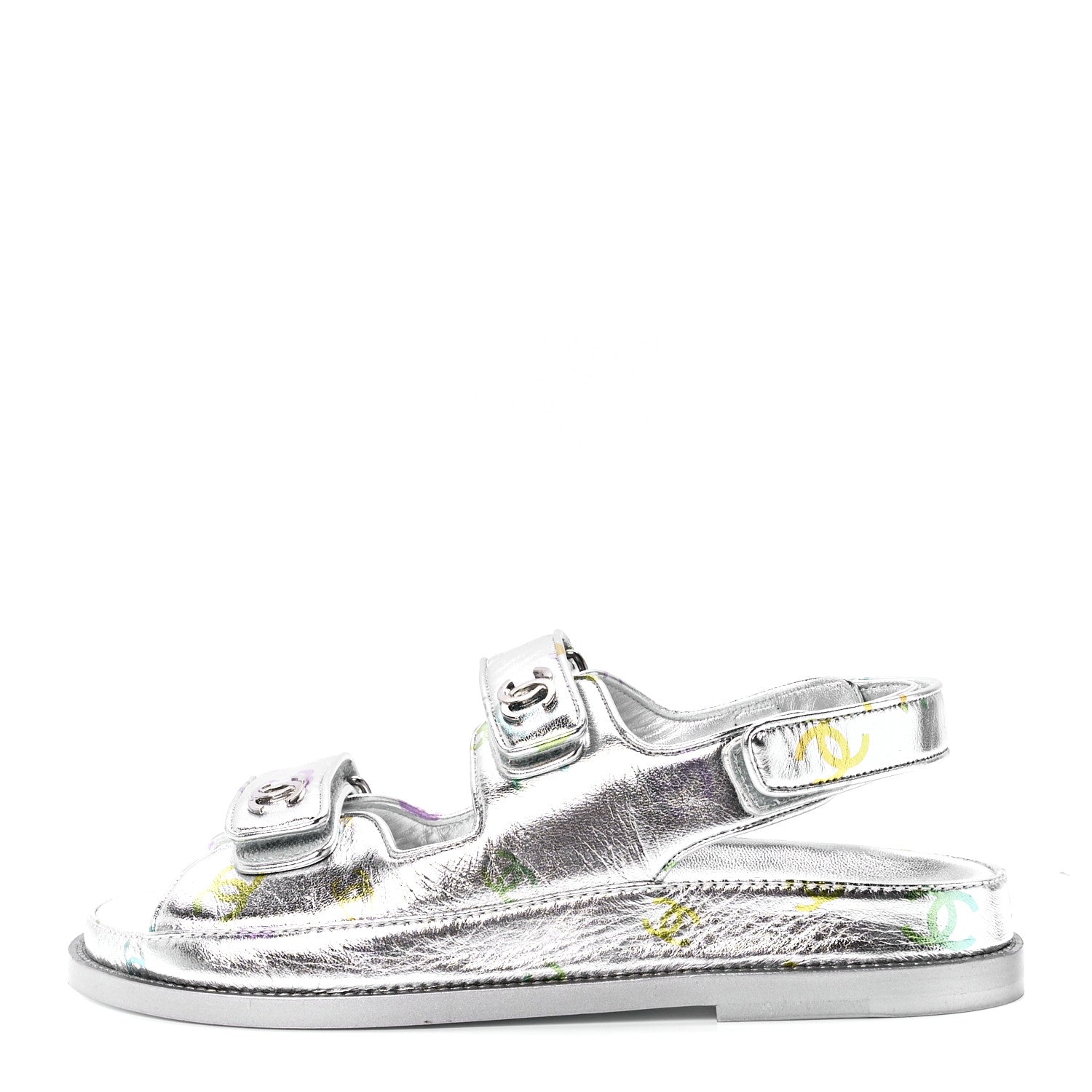 Chanel Laminated Lambskin Printed CC Dad Sandals 38 Silver Multicolor 1 of 8