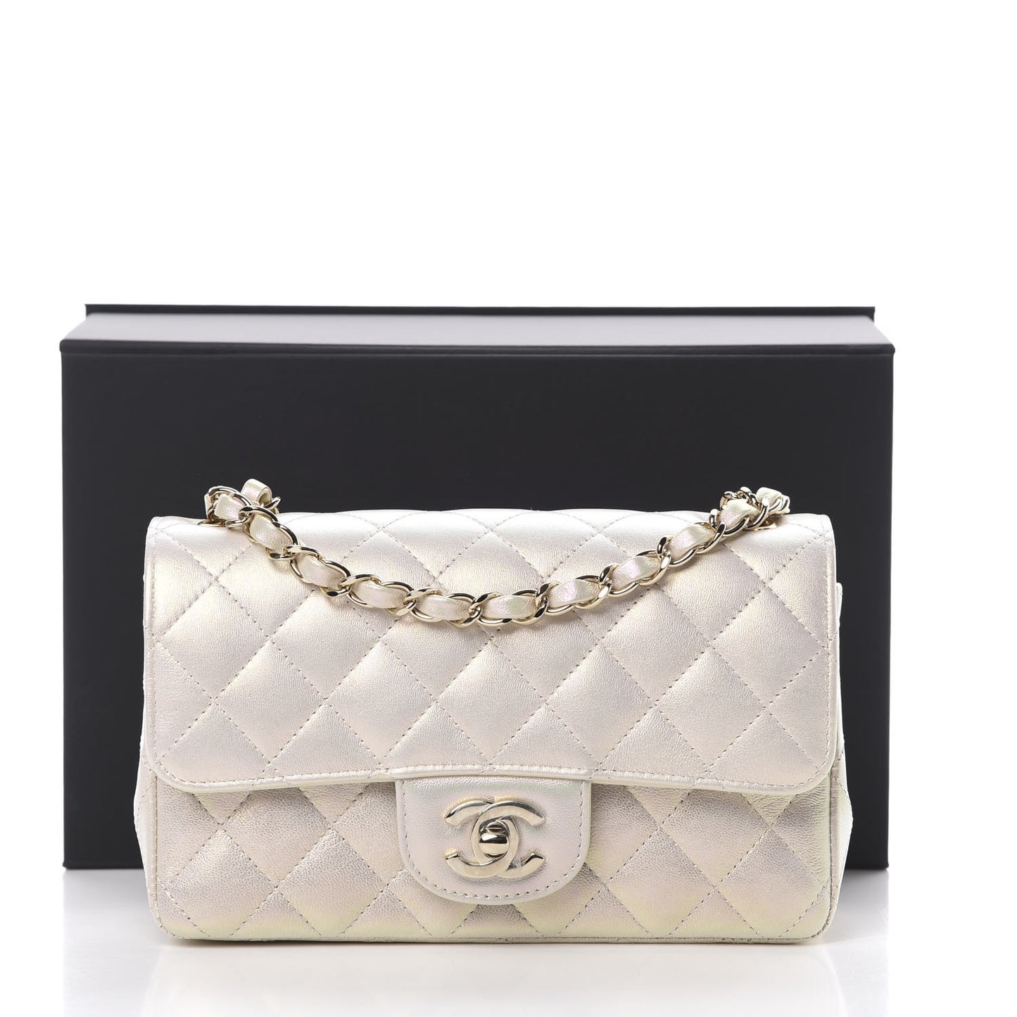 Iridescent Lambskin Quilted Mini Rectangular Flap Ivory