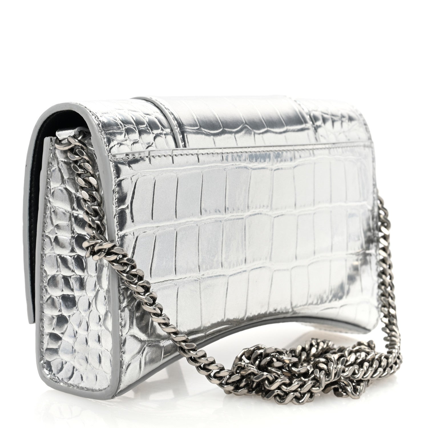 Balenciaga Metallic Calfskin Crocodile Embossed Hourglass Chain Bag Silver Silver 3 of 10