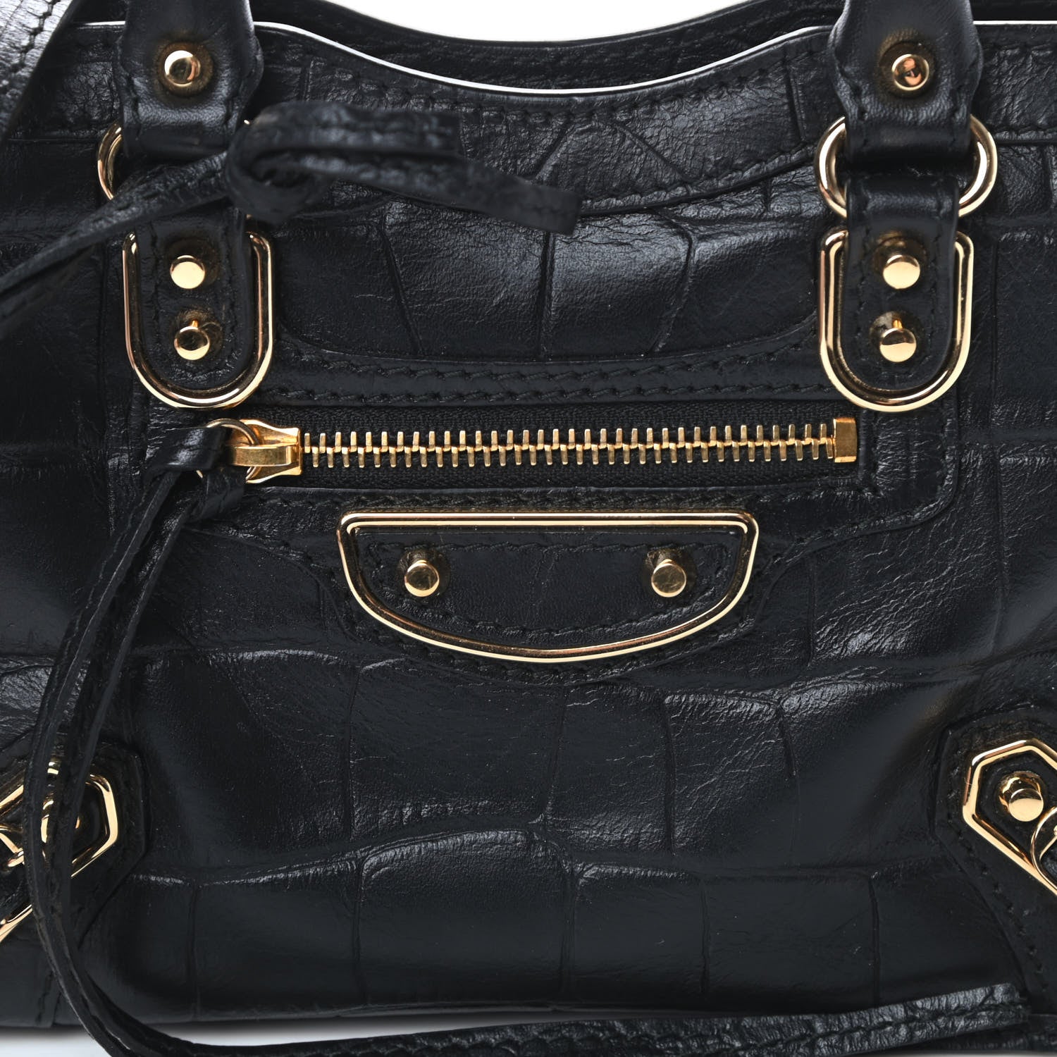 Balenciaga Calfskin Crocodile Embossed Gold Metallic Edge Hardware Nano City Black 8 of 13