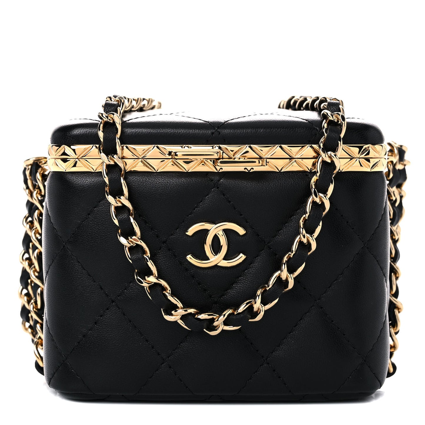 Metal Lambskin Quilted Small Vanity With Chain Black