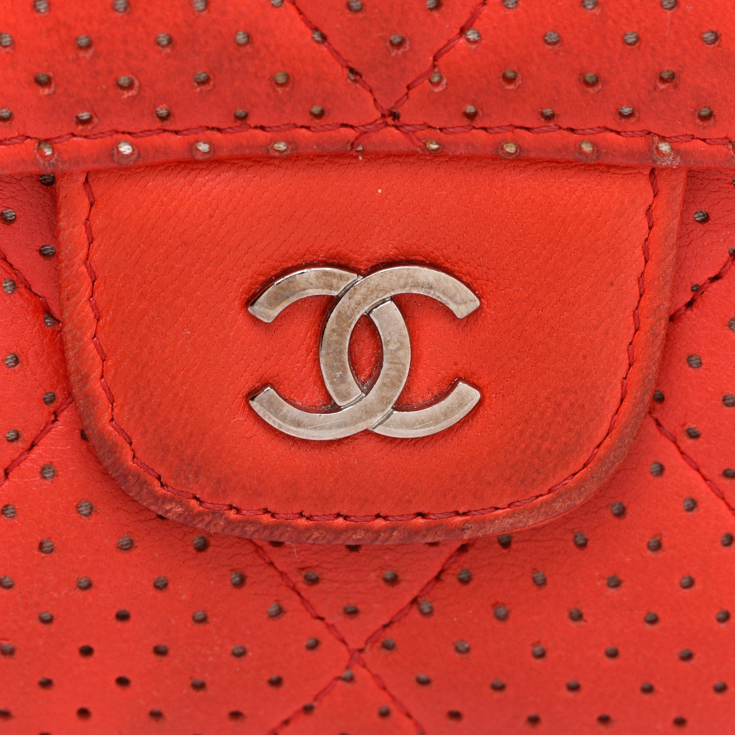 Perforated Lambskin Quilted Flap Wallet Red