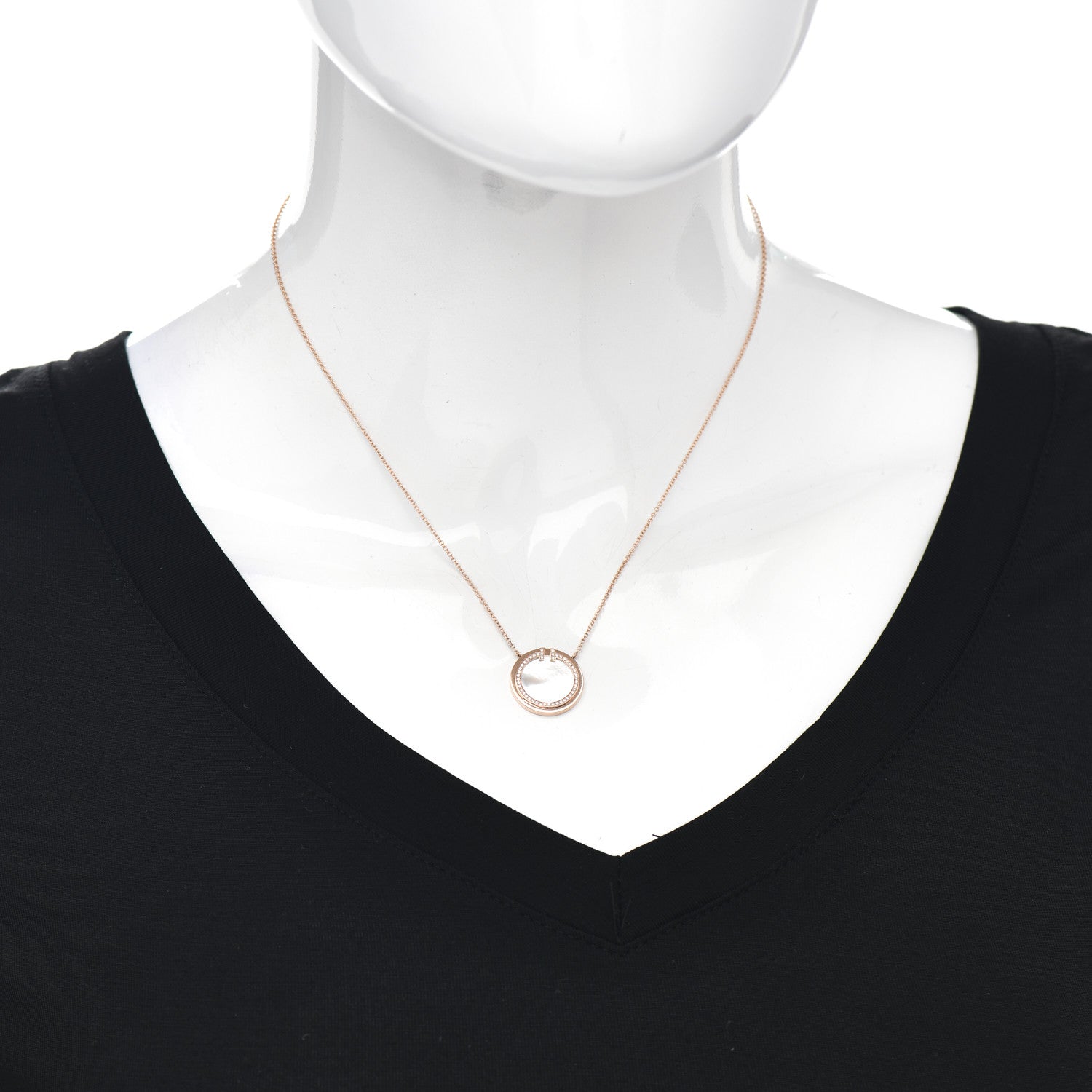 Tiffany 18K Rose Gold Diamond Mother of Pearl T Circle Pendant Necklace 2 of 5
