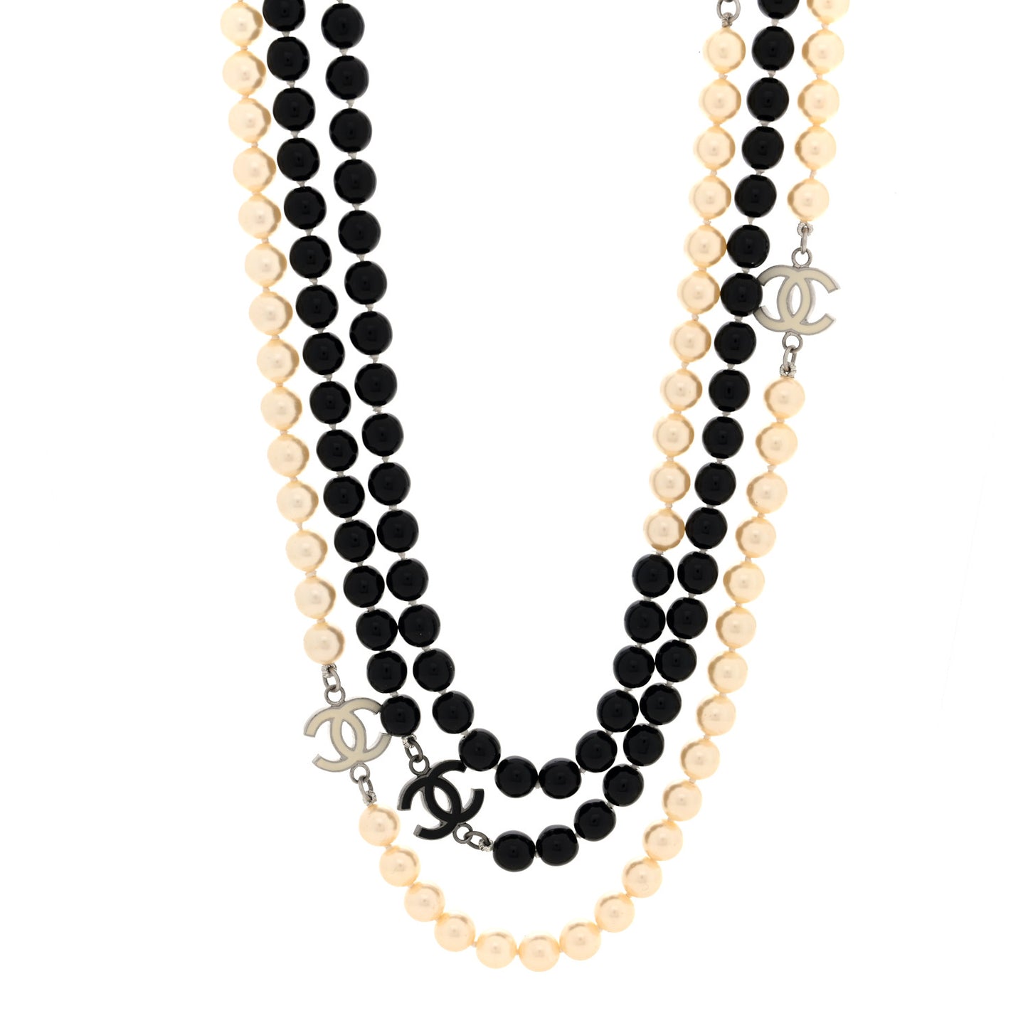 Ruthenium Pearl Beaded Enamel CC Long Necklace White Black