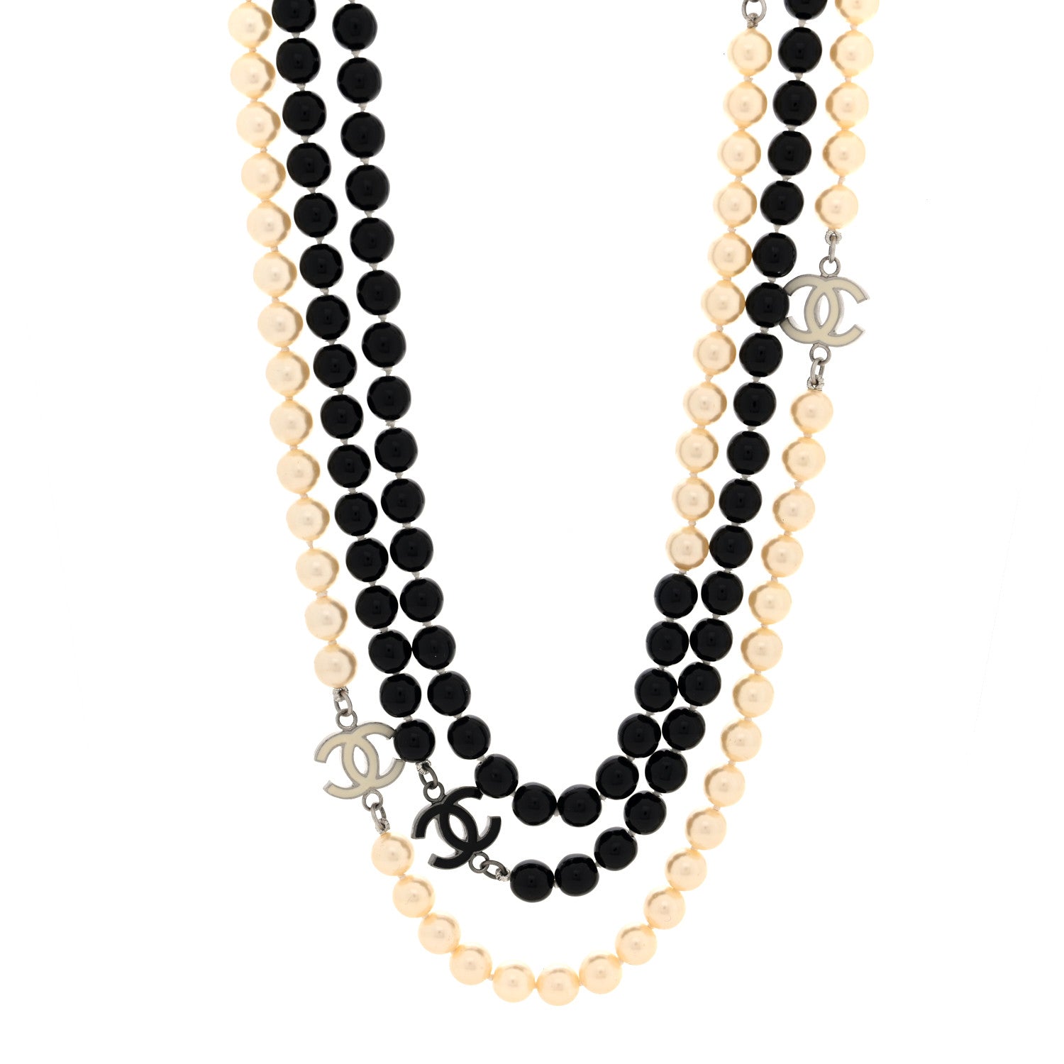 Chanel Ruthenium Pearl Beaded Enamel CC Long Necklace White Black 1 of 4