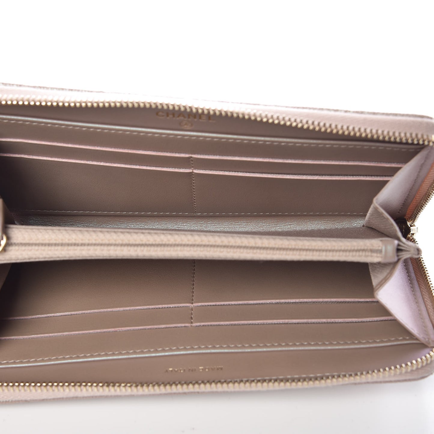 Iridescent Caviar Quilted Long Zip Around Wallet Beige
